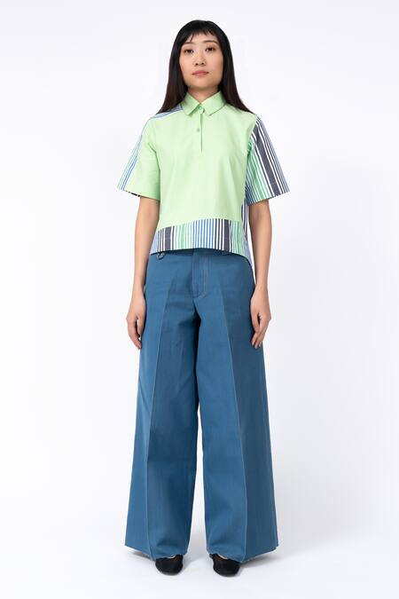 Buy Leh Studios Multi Color Cotton Collared Striped Print T-shirt Online at Aza Fashions Buy_Leh Studios_Multi Color Cotton Collared Striped Print T-shirt_Online_at_Aza_Fashions