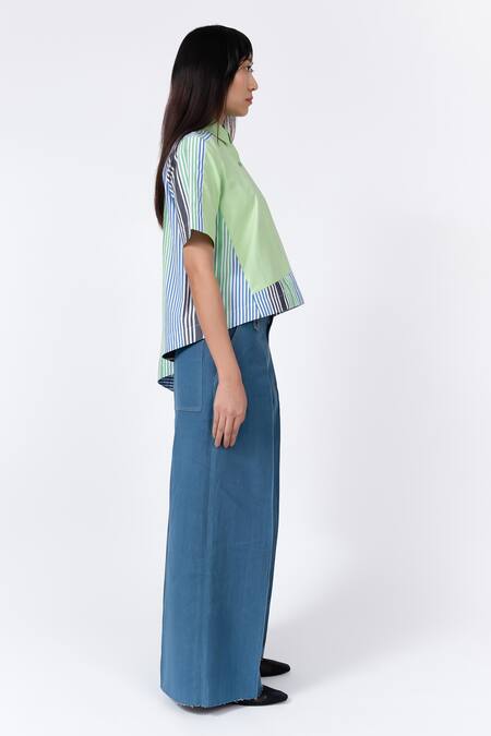 Leh Studios Multi Color Cotton Collared Striped Print T-shirt at Aza Fashions Leh Studios_Multi Color Cotton Collared Striped Print T-shirt_at_Aza_Fashions