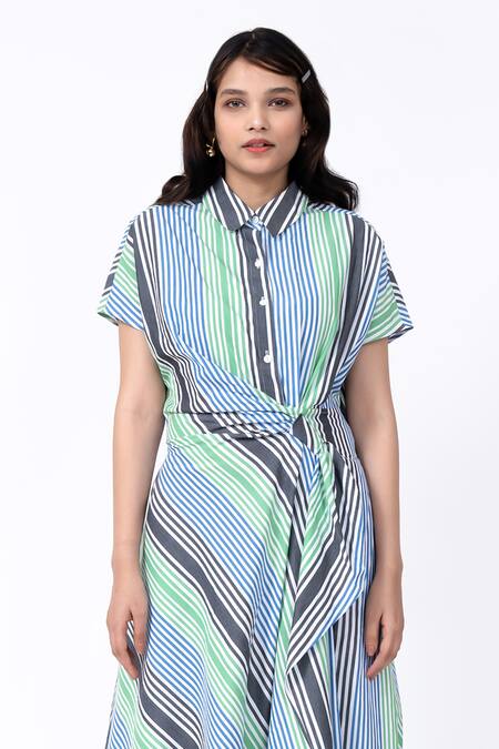 Leh Studios_Multi Color Cotton Collared Striped Pattern Dress _Online_at_Aza_Fashions