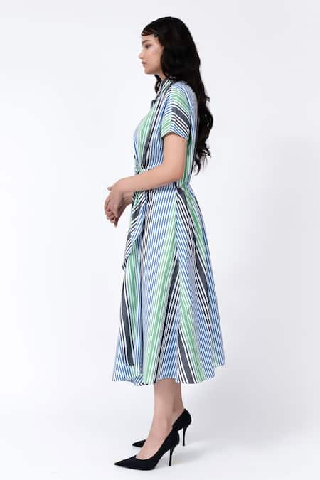 Buy_Leh Studios_Multi Color Cotton Collared Striped Pattern Dress _Online_at_Aza_Fashions