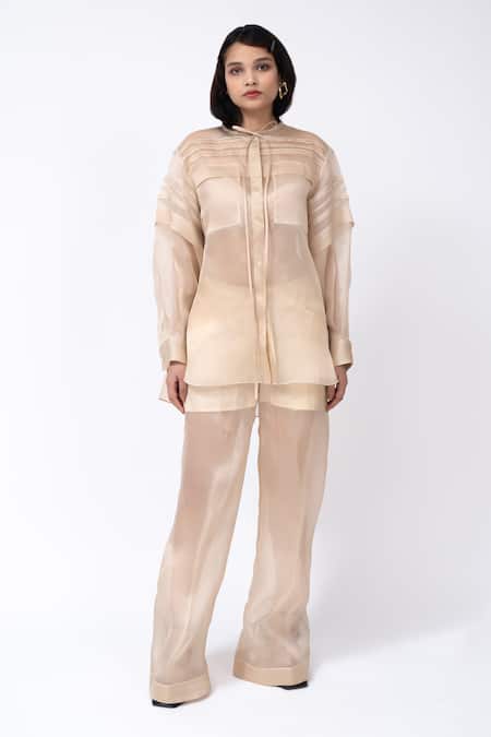 Leh Studios Beige 100% Organza Silk Solid Straight Trouser 