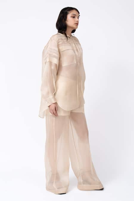 Leh Studios_Beige 100% Organza Silk Solid Straight Trouser _Online_at_Aza_Fashions