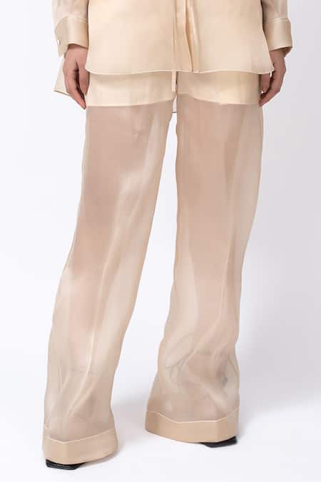 Leh Studios_Beige 100% Organza Silk Solid Straight Trouser _at_Aza_Fashions
