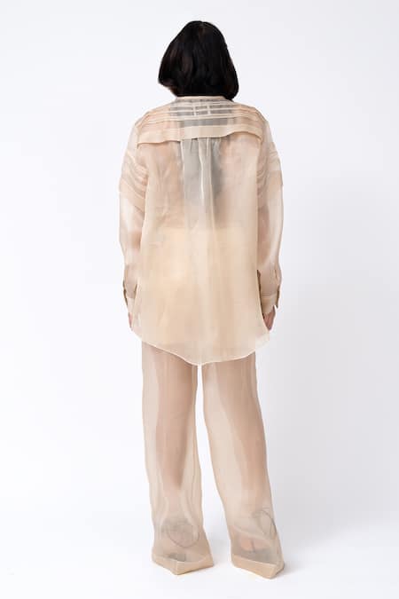 Shop_Leh Studios_Beige Organza Collared Solid Pleated Tunic _at_Aza_Fashions