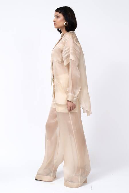 Buy_Leh Studios_Beige Organza Collared Solid Pleated Tunic _Online_at_Aza_Fashions