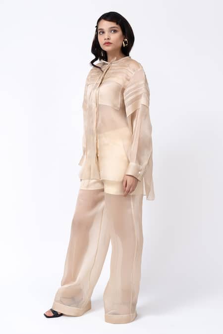 Shop_Leh Studios_Beige Organza Collared Solid Pleated Tunic _Online_at_Aza_Fashions