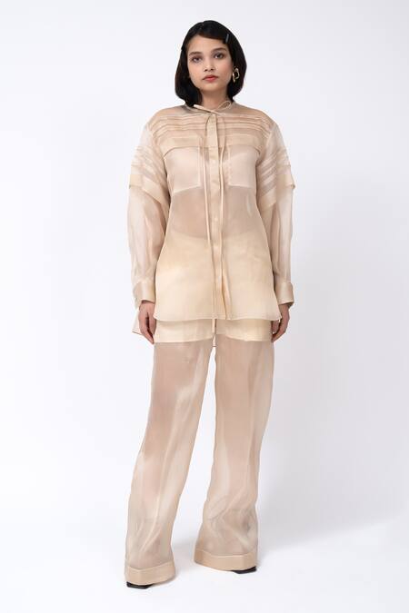 Leh Studios_Beige Organza Collared Solid Pleated Tunic _at_Aza_Fashions
