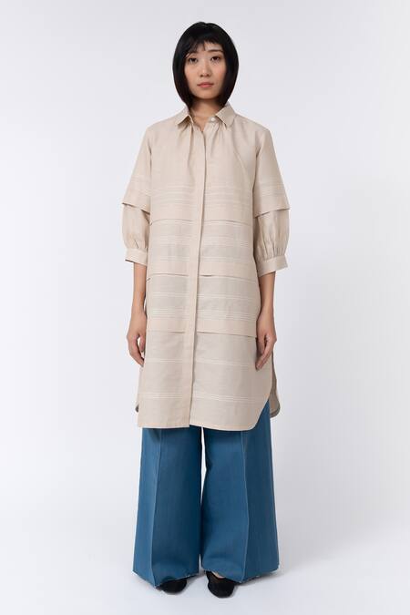 Leh Studios Beige 100% Linen Solid Collar Fence Pleated Shirt Dress 