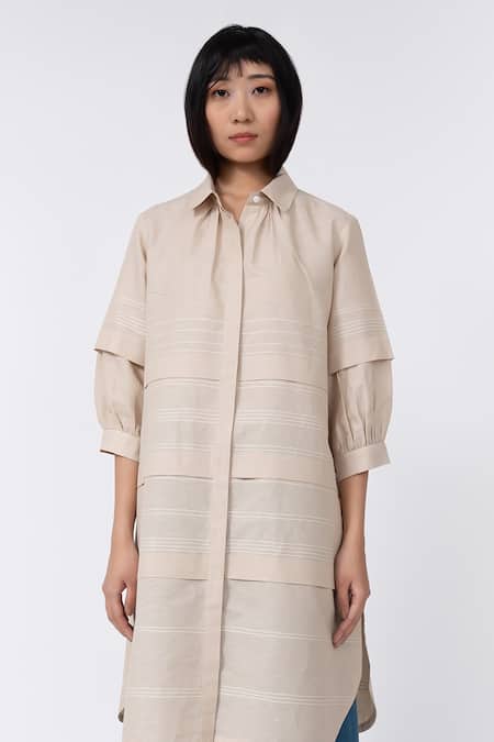 Leh Studios_Beige Linen Collared Fence Pleated Solid Shirt Dress _Online_at_Aza_Fashions