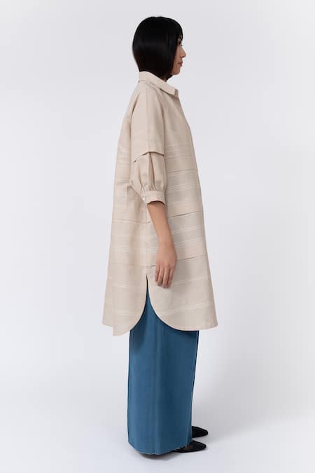 Buy_Leh Studios_Beige Linen Collared Fence Pleated Solid Shirt Dress _Online_at_Aza_Fashions