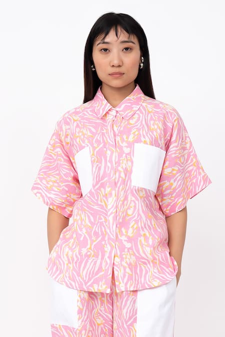 Leh Studios Pink 100% Linen Printed Wave Collar Cotton Shirt 