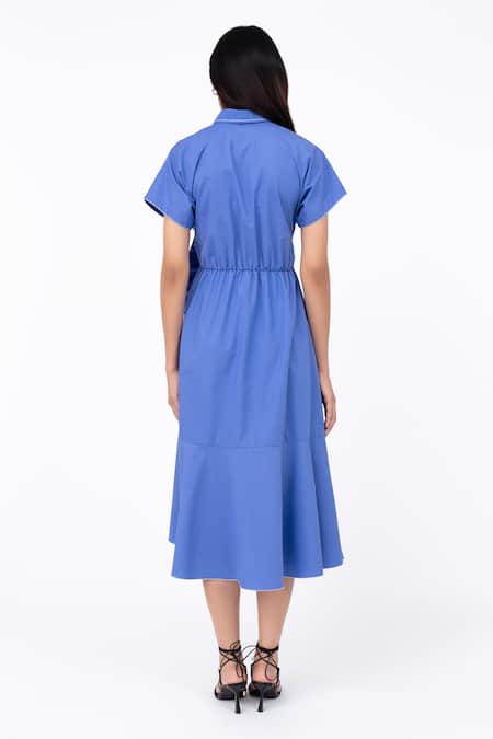 Shop_Leh Studios_Blue Cotton Collared Scrunch Midi Dress _at_Aza_Fashions