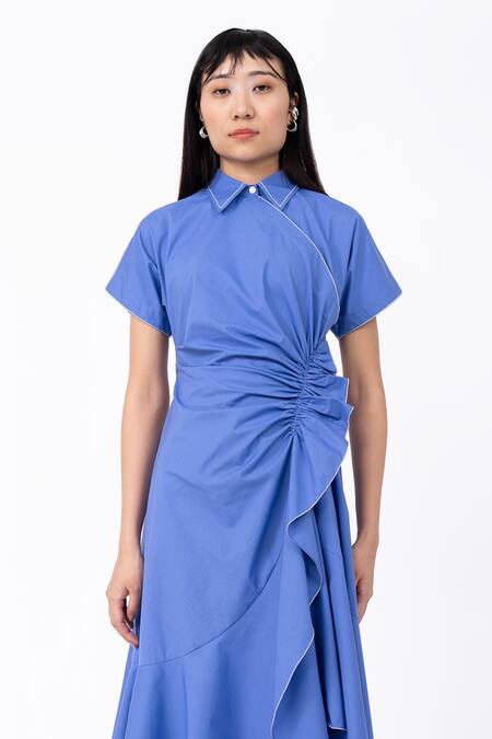 Leh Studios_Blue Cotton Collared Scrunch Midi Dress _Online_at_Aza_Fashions