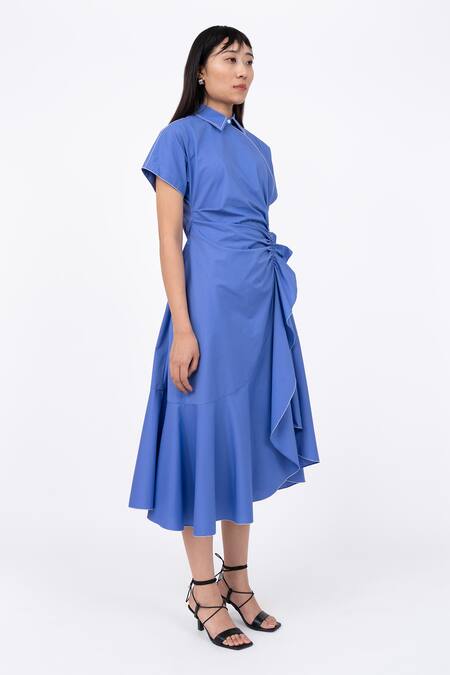 Buy_Leh Studios_Blue Cotton Collared Scrunch Midi Dress _Online_at_Aza_Fashions