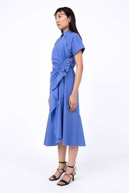 Shop_Leh Studios_Blue Cotton Collared Scrunch Midi Dress _Online_at_Aza_Fashions