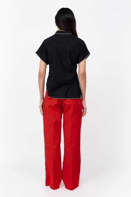 Shop Leh Studios Black Cotton Collared Half Placket Asymmetric Scrunch Top at Aza Fashions Shop_Leh Studios_Black Cotton Collared Half Placket Asymmetric Scrunch Top _at_Aza_Fashions