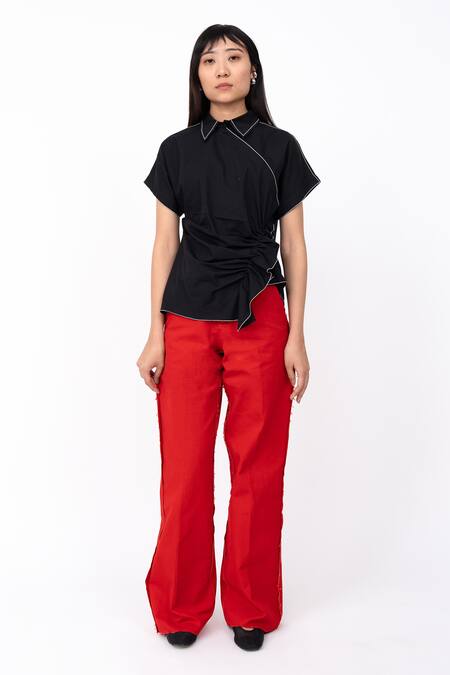 Leh Studios Black Cotton Collared Half Placket Asymmetric Scrunch Top Online at Aza Fashions Leh Studios_Black Cotton Collared Half Placket Asymmetric Scrunch Top _Online_at_Aza_Fashions