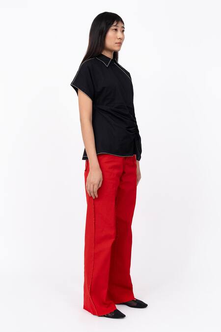 Buy Leh Studios Black Cotton Collared Half Placket Asymmetric Scrunch Top Online at Aza Fashions Buy_Leh Studios_Black Cotton Collared Half Placket Asymmetric Scrunch Top _Online_at_Aza_Fashions