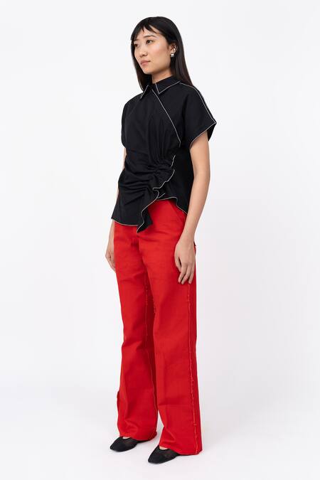 Shop Leh Studios Black Cotton Collared Half Placket Asymmetric Scrunch Top Online at Aza Fashions Shop_Leh Studios_Black Cotton Collared Half Placket Asymmetric Scrunch Top _Online_at_Aza_Fashions