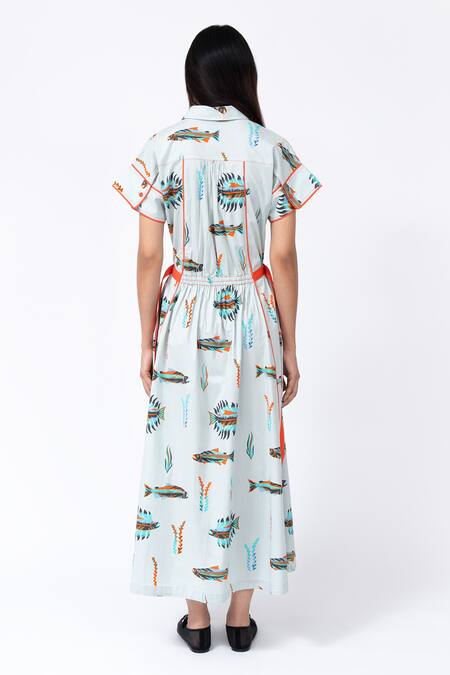 Shop_Leh Studios_Multi Color Cotton Collared Scale Fish Print Midi Dress _at_Aza_Fashions