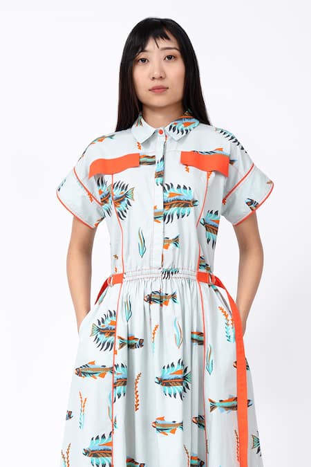 Leh Studios_Multi Color Cotton Collared Scale Fish Print Midi Dress _Online_at_Aza_Fashions