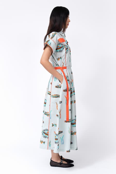 Buy_Leh Studios_Multi Color Cotton Collared Scale Fish Print Midi Dress _Online_at_Aza_Fashions