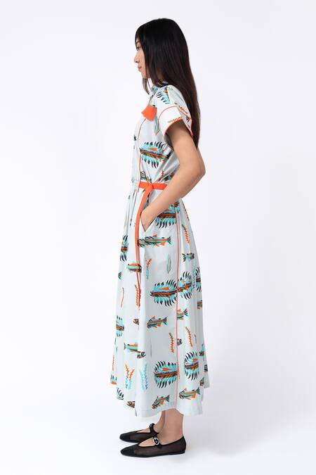 Shop_Leh Studios_Multi Color Cotton Collared Scale Fish Print Midi Dress _Online_at_Aza_Fashions