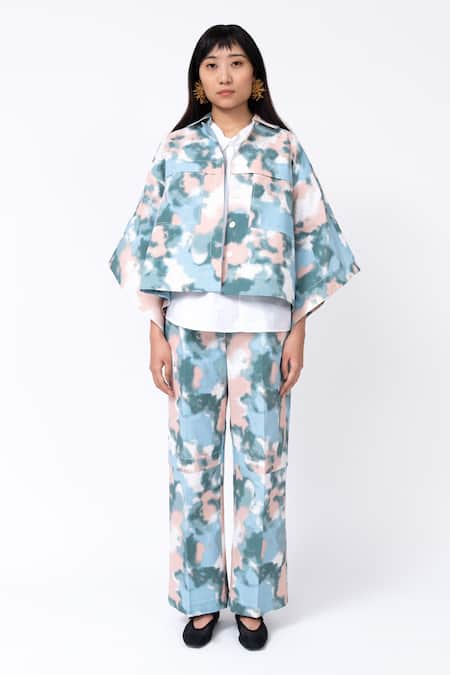 Leh Studios Multi Color Cotton Collared Spray Print Short Kimono Jacket Online at Aza Fashions Leh Studios_Multi Color Cotton Collared Spray Print Short Kimono Jacket_Online_at_Aza_Fashions