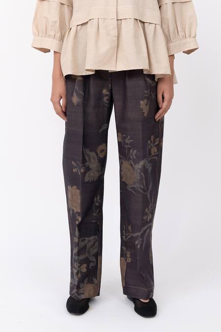 Leh Studios_Brown Cotton Floral Chints Print Pant _Online_at_Aza_Fashions