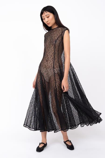 Leh Studios Calssic Textile Sheer Lace Midi Dress 