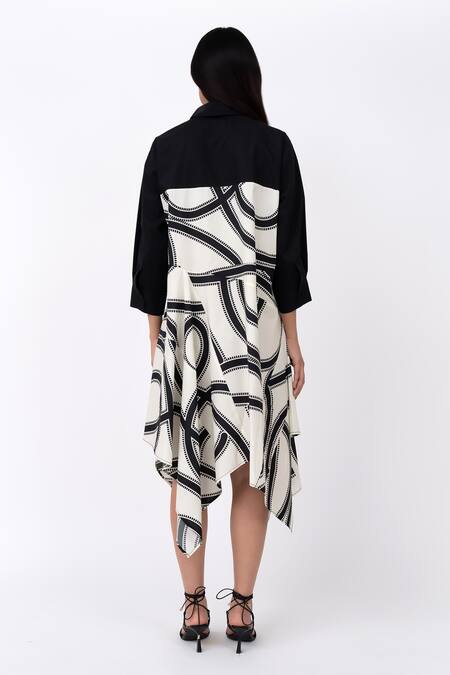 Shop Leh Studios Black Cotton Collared Swirl Print Asymmetric Hanker Dress at Aza Fashions Shop_Leh Studios_Black Cotton Collared Swirl Print Asymmetric Hanker Dress _at_Aza_Fashions