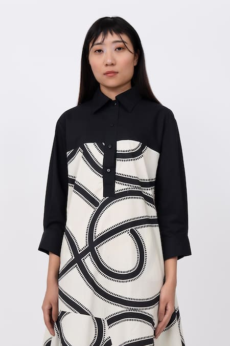 Leh Studios Black Cotton Collared Swirl Print Asymmetric Hanker Dress Online at Aza Fashions Leh Studios_Black Cotton Collared Swirl Print Asymmetric Hanker Dress _Online_at_Aza_Fashions