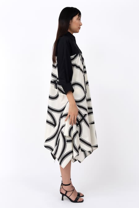 Buy Leh Studios Black Cotton Collared Swirl Print Asymmetric Hanker Dress Online at Aza Fashions Buy_Leh Studios_Black Cotton Collared Swirl Print Asymmetric Hanker Dress _Online_at_Aza_Fashions