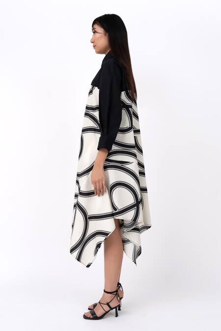 Shop Leh Studios Black Cotton Collared Swirl Print Asymmetric Hanker Dress Online at Aza Fashions Shop_Leh Studios_Black Cotton Collared Swirl Print Asymmetric Hanker Dress _Online_at_Aza_Fashions