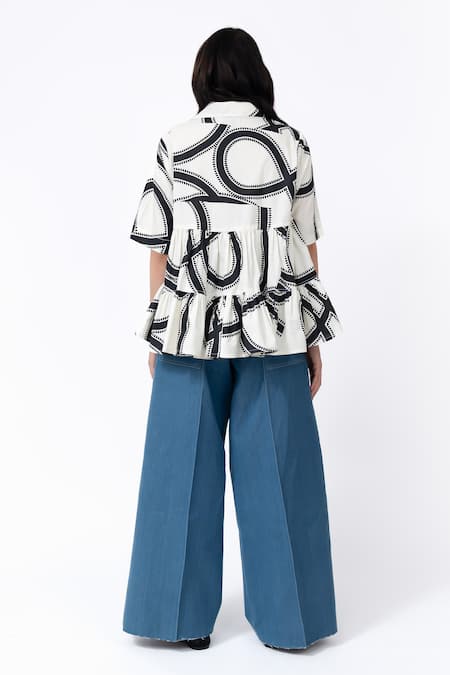 Shop_Leh Studios_Black Cotton Collared Swirl Print Tier Top _at_Aza_Fashions