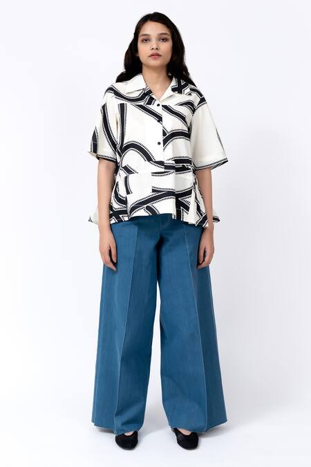 Leh Studios_Black Cotton Collared Swirl Print Tier Top _Online_at_Aza_Fashions