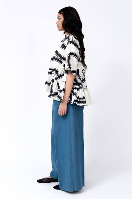 Buy_Leh Studios_Black Cotton Collared Swirl Print Tier Top _Online_at_Aza_Fashions