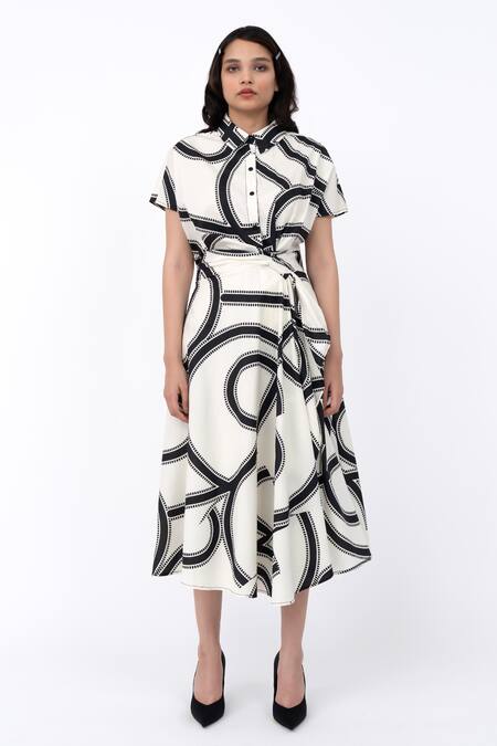 Leh Studios Black 100% Cotton Printed Swirl Collared Wrap Dress 