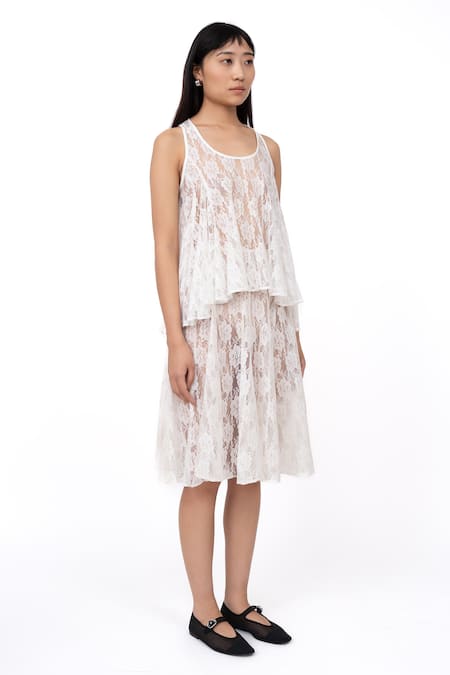 Leh Studios_White Cotton Lace Sheer Midi Skirt _Online_at_Aza_Fashions