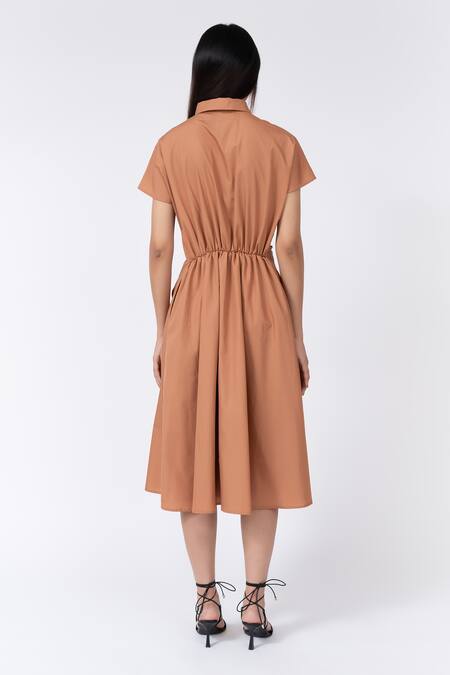 Leh Studios Orange Cotton Collared Asymmetrical Draped Midi Dress Online at Aza Fashions Leh Studios_Orange Cotton Collared Asymmetrical Draped Midi Dress _Online_at_Aza_Fashions