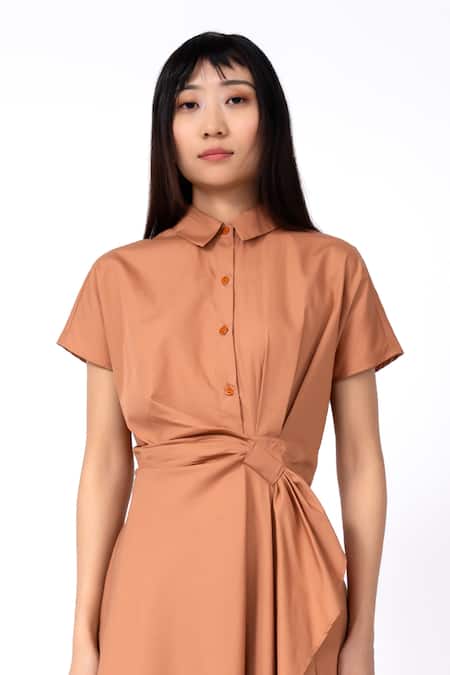 Buy Leh Studios Orange Cotton Collared Asymmetrical Draped Midi Dress Online at Aza Fashions Buy_Leh Studios_Orange Cotton Collared Asymmetrical Draped Midi Dress _Online_at_Aza_Fashions
