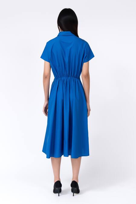 Shop Leh Studios Blue Cotton Collared Draped Midi Asymmetrical Dress at Aza Fashions Shop_Leh Studios_Blue Cotton Collared Draped Midi Asymmetrical Dress _at_Aza_Fashions