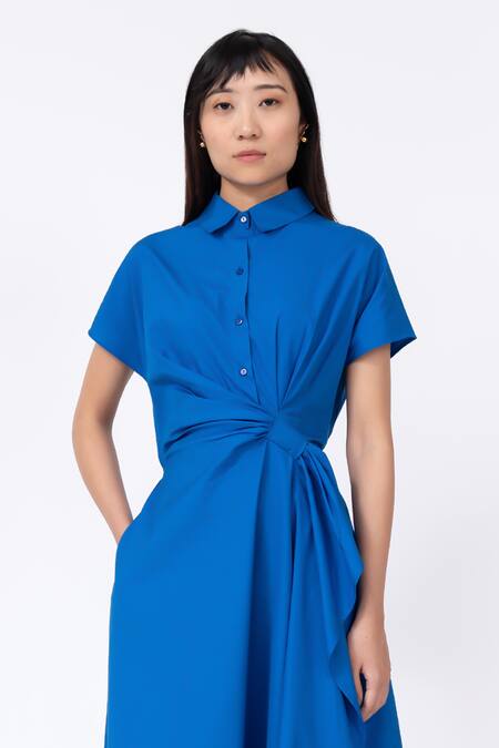 Leh Studios Blue Cotton Collared Draped Midi Asymmetrical Dress Online at Aza Fashions Leh Studios_Blue Cotton Collared Draped Midi Asymmetrical Dress _Online_at_Aza_Fashions
