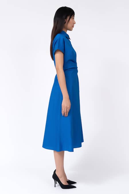 Buy Leh Studios Blue Cotton Collared Draped Midi Asymmetrical Dress Online at Aza Fashions Buy_Leh Studios_Blue Cotton Collared Draped Midi Asymmetrical Dress _Online_at_Aza_Fashions