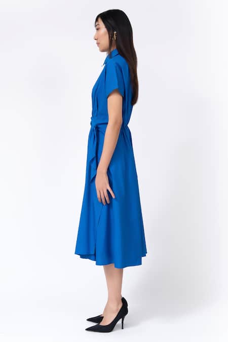Shop Leh Studios Blue Cotton Collared Draped Midi Asymmetrical Dress Online at Aza Fashions Shop_Leh Studios_Blue Cotton Collared Draped Midi Asymmetrical Dress _Online_at_Aza_Fashions