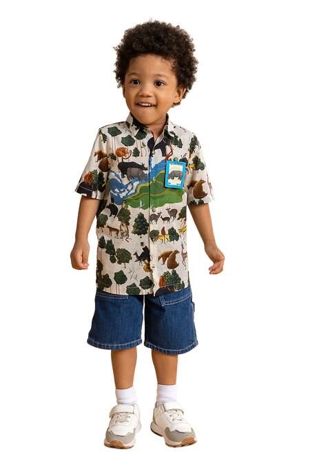 Ankid_Ivory Cotton Printed Postal Stamp Brooch Animal Shirt_Online_at_Aza_Fashions