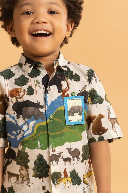 Buy_Ankid_Ivory Cotton Printed Postal Stamp Brooch Animal Shirt_Online_at_Aza_Fashions