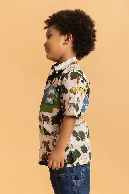 Ankid_Ivory Cotton Printed Postal Stamp Brooch Animal Shirt_at_Aza_Fashions