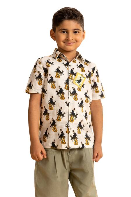 Ankid_Ivory Cotton Printed Monkey Postal Stamp Shirt_Online_at_Aza_Fashions
