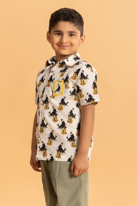 Buy_Ankid_Ivory Cotton Printed Monkey Postal Stamp Shirt_Online_at_Aza_Fashions